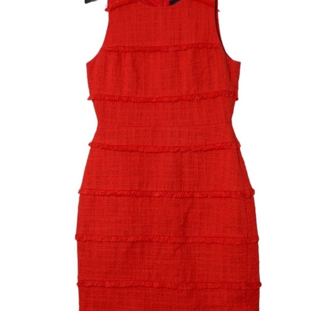 J. CREW Size 8 Sheath Dress Burnt orange/redTweed Texture Tiered Fringe Lined - Picture 4 of 12